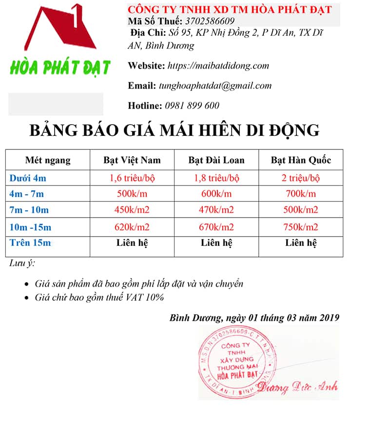 bảng giá mái hiên di động